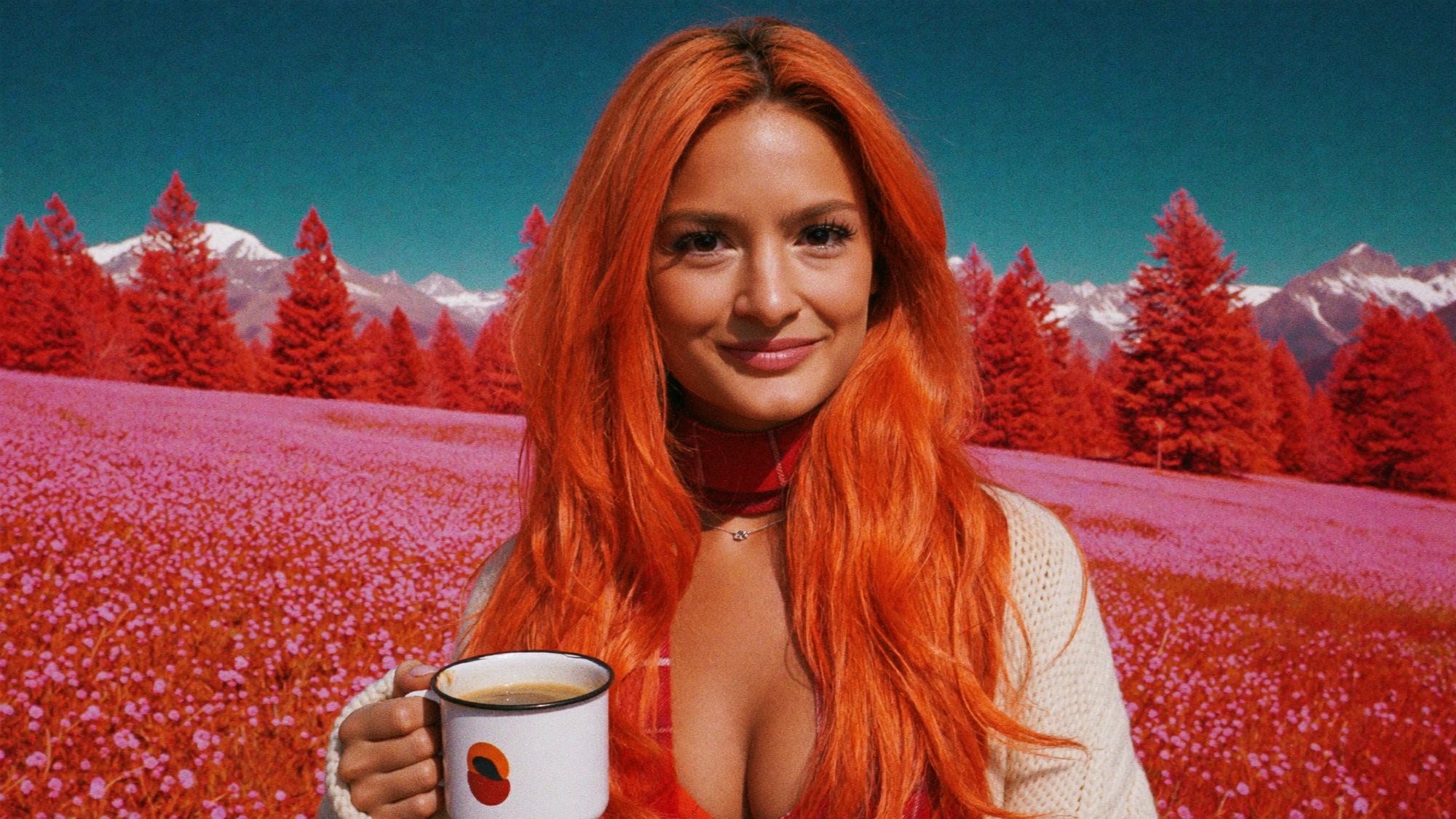 Orange-haired Carla holding a mug in an alpine meadow of magenta grass and red pines.