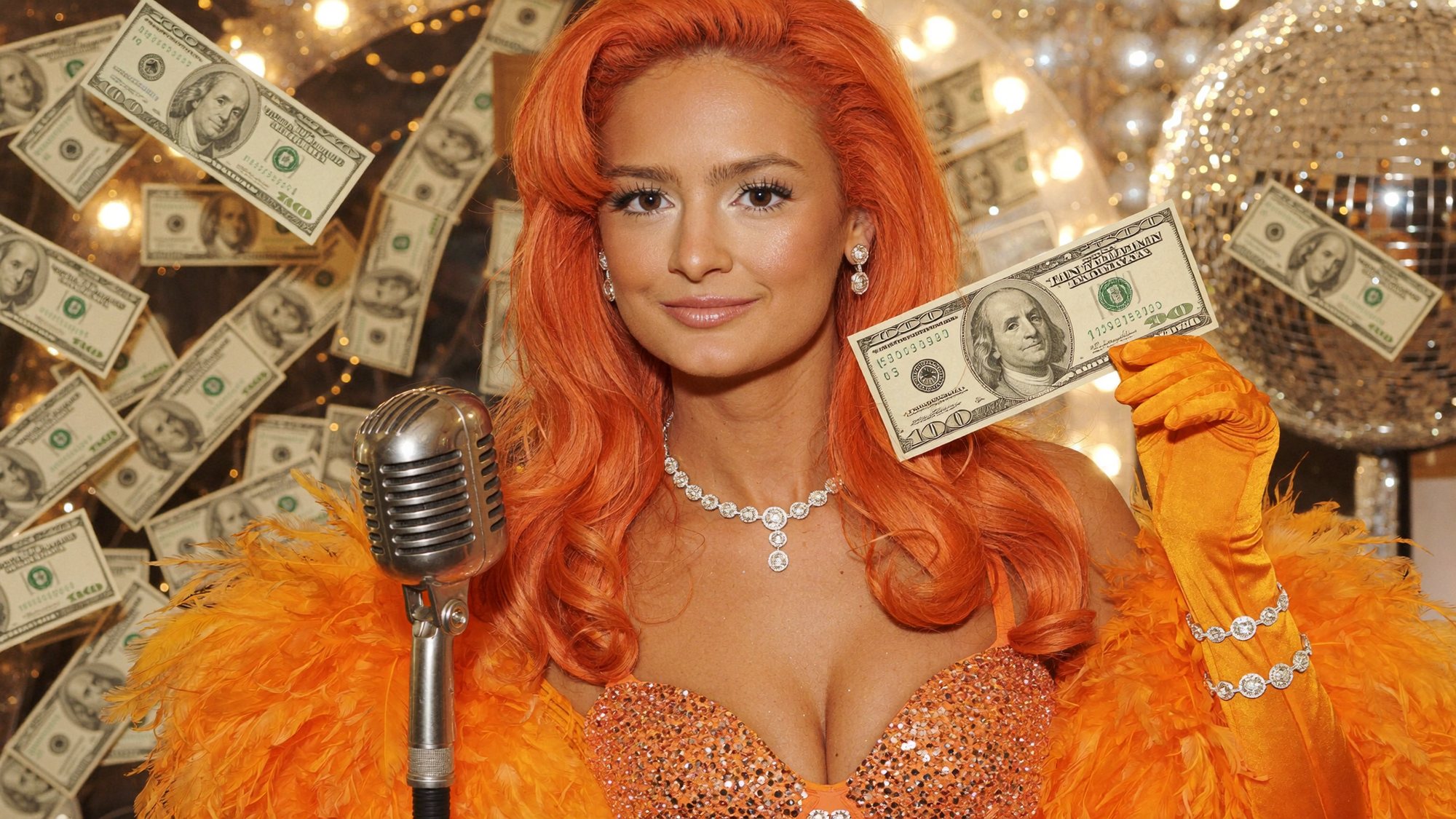 Carla in orange feathers singing the final note at a vintage microphone as banknotes rain around her.