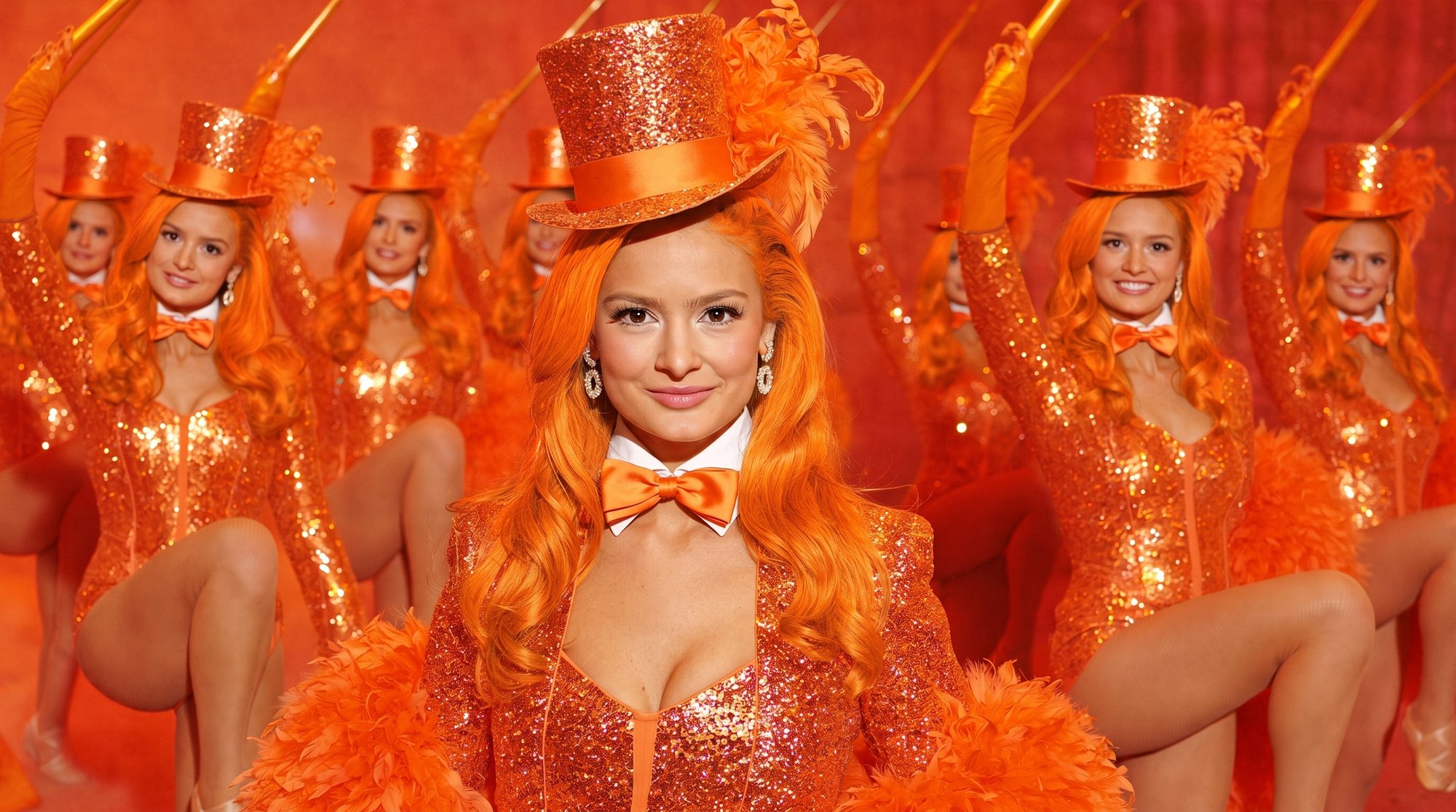 Carla in an orange top hat and bow tie leading a kick line of dancers in orange feathers.