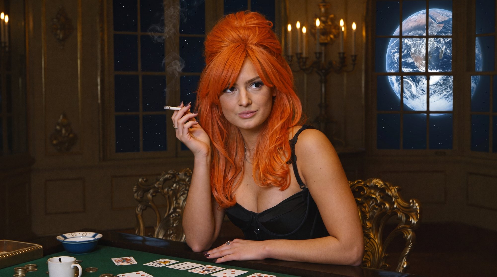Orange-haired Carla with a cigarette at a card table, Earth in the window behind.