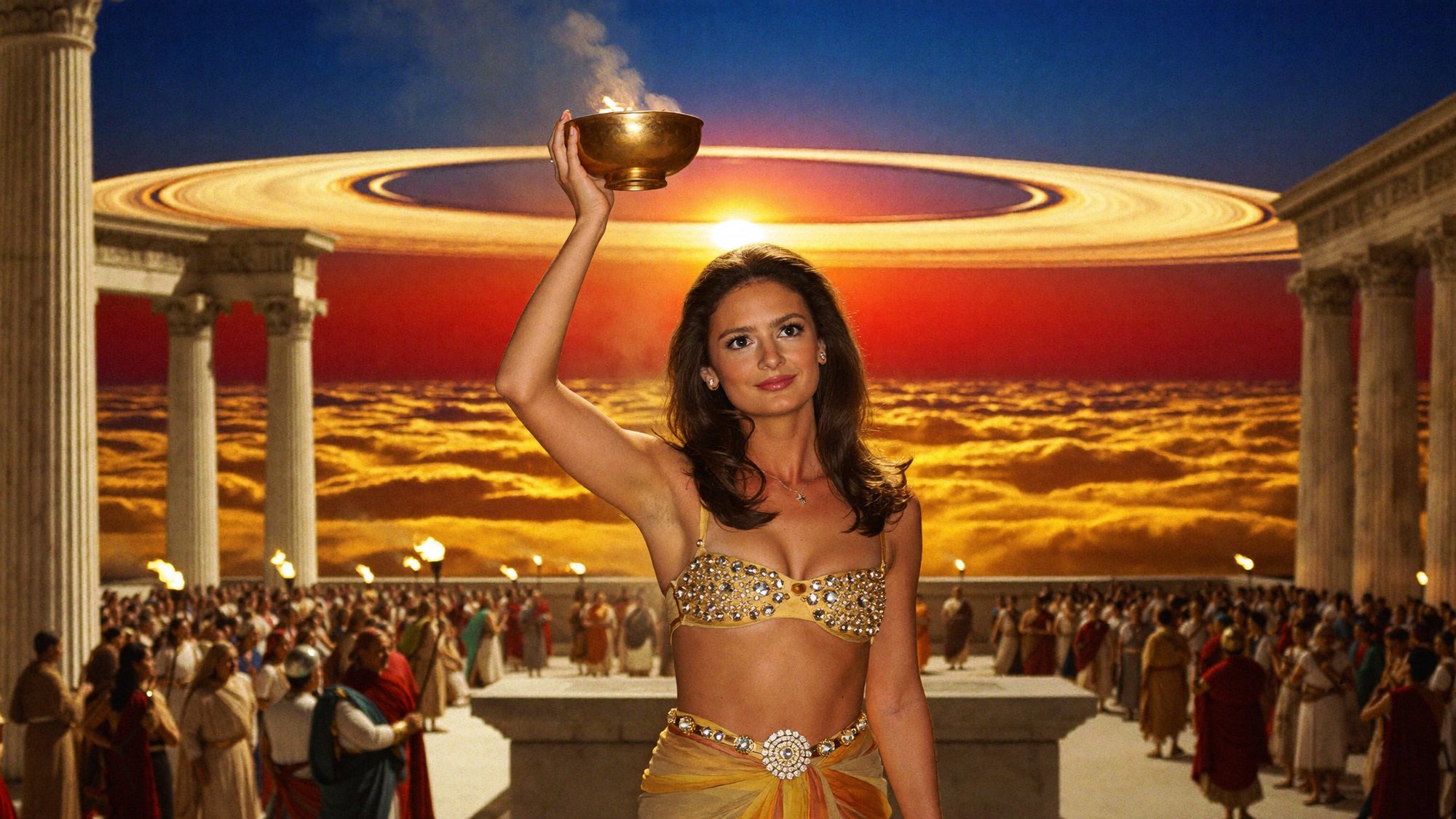 Carla in a gold bikini top raising a smoking bowl toward Saturn's rings before a crowd.