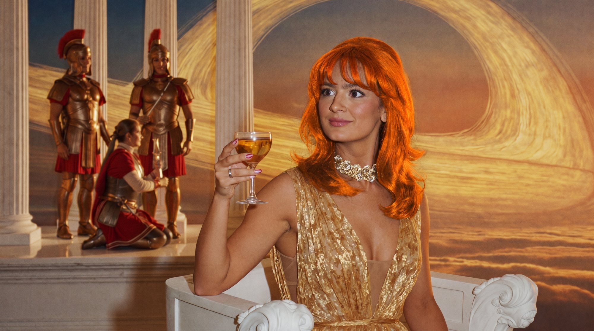 Orange-haired Carla in a gold gown on a throne holding a goblet, Roman guards behind her and Saturn's rings above.