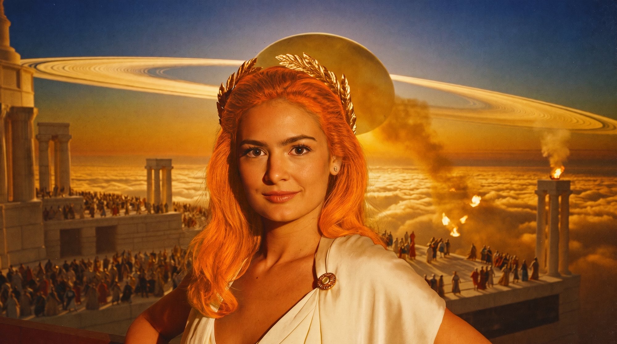 Orange-haired Carla in a white toga and gold laurel, a crowd in a temple below and Saturn's rings in the sky.