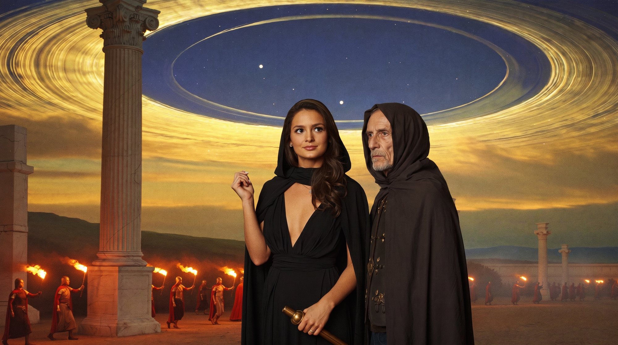 Carla in a black hooded cloak beside a hooded old man, torches and Saturn's rings behind them.