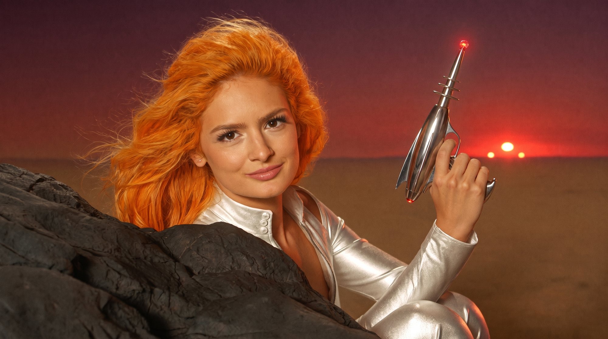 Orange-haired Carla in a silver space suit holding a ray gun behind a rock in a red alien desert at dusk.