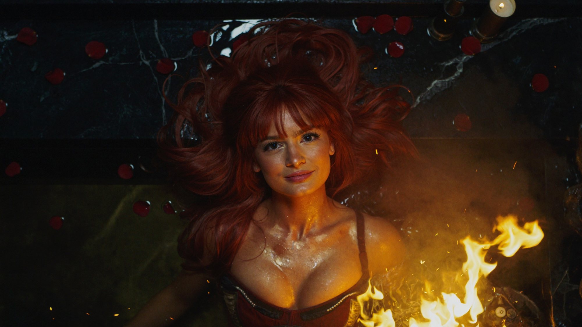 Carla with wild auburn hair lit from below by flames in a dark rose-strewn chamber.